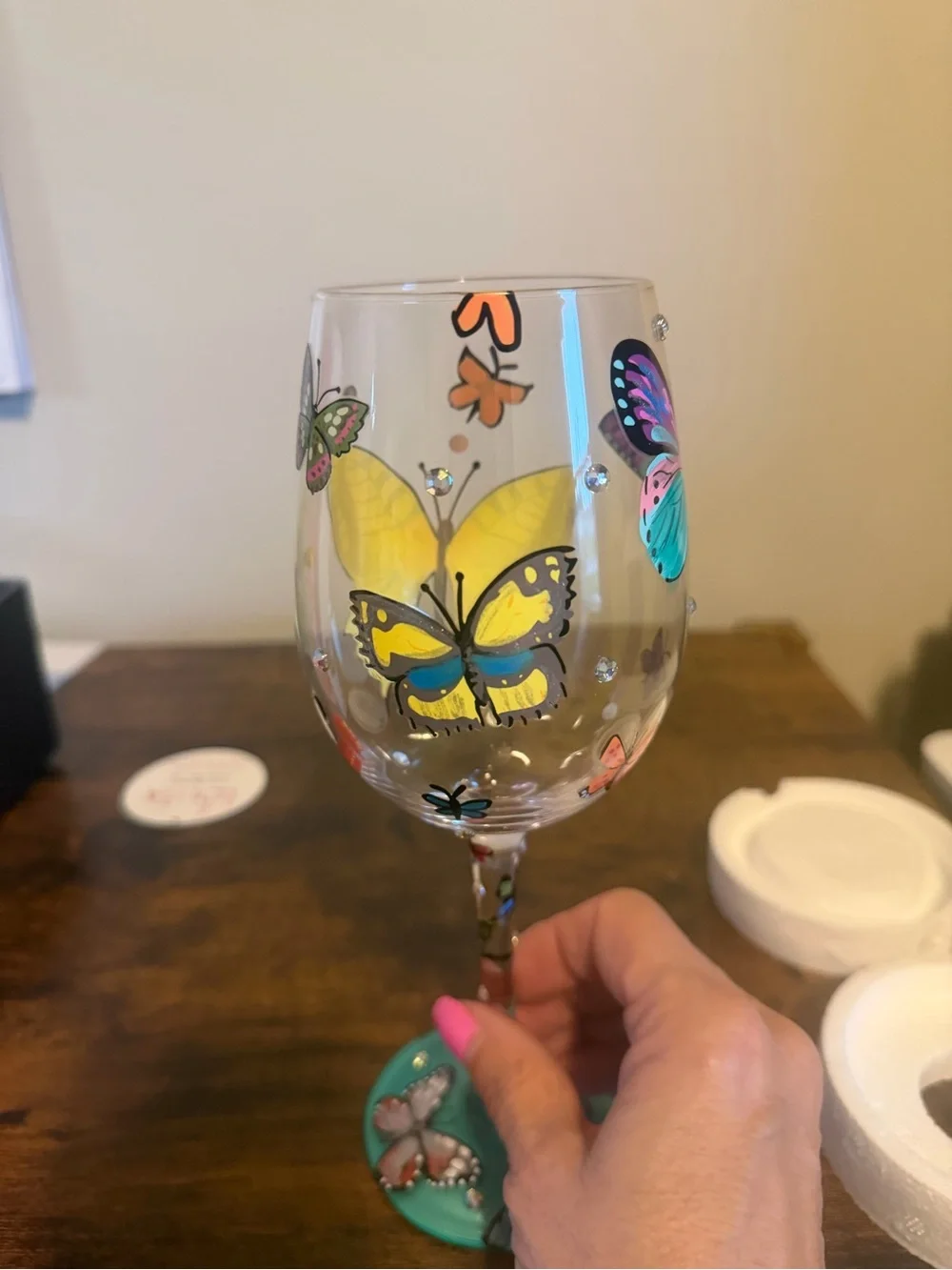 Lolita Hand-Painted Butterfly Wishes Wine Glass in Teal, Yellow, Pink